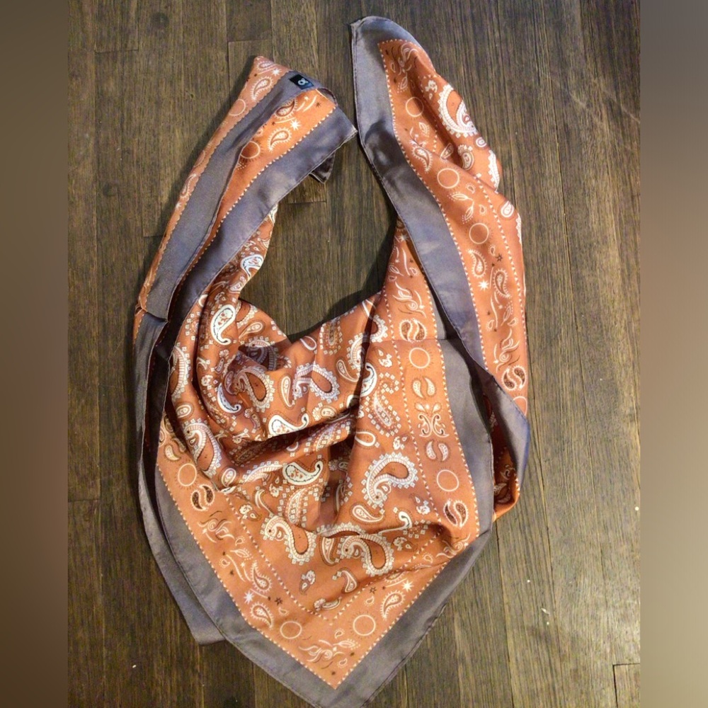 NEW! Boho silky Paisley Bandana Scarf - Rust with Gray Trim